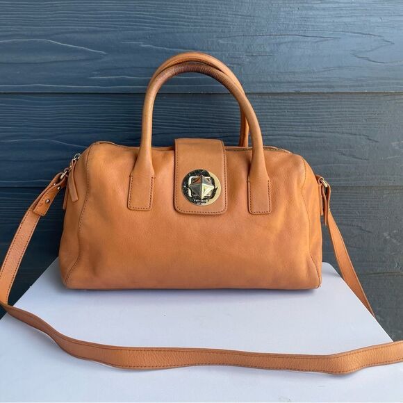 KATE SPADE Tan Leather Chrystie Street Leila Boston Turnlock Satchel Tote Knott - Picture 1 of 10